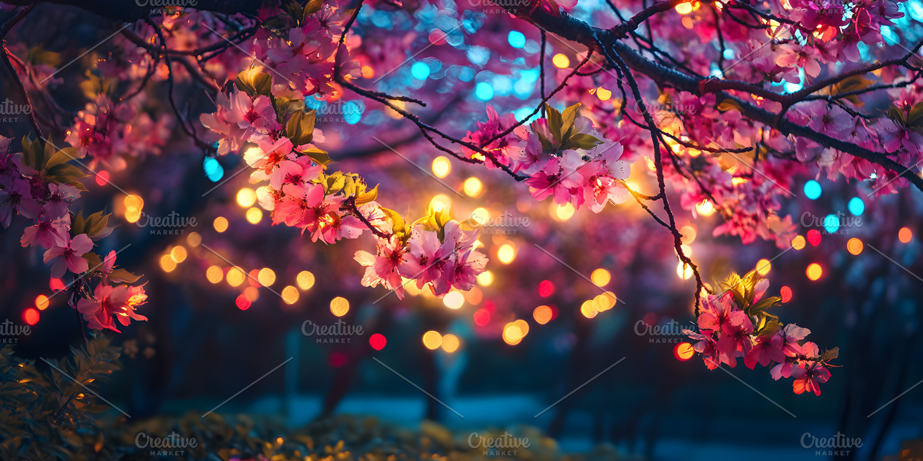 Cherry blossoms with glowing lights, a Nature Photo by Photostock