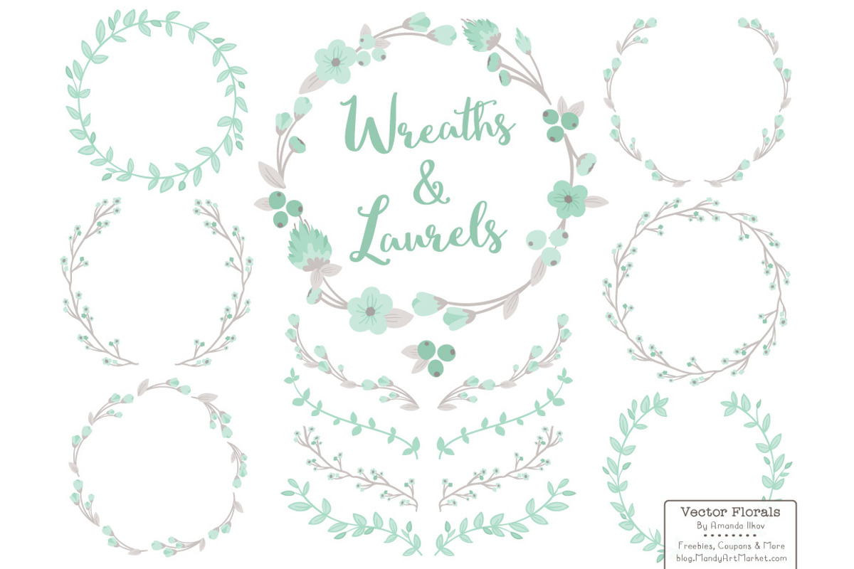 Mint and Grey Vector Flower Wreaths, an Illustration by Amanda Ilkov (Photo 1 of 3)