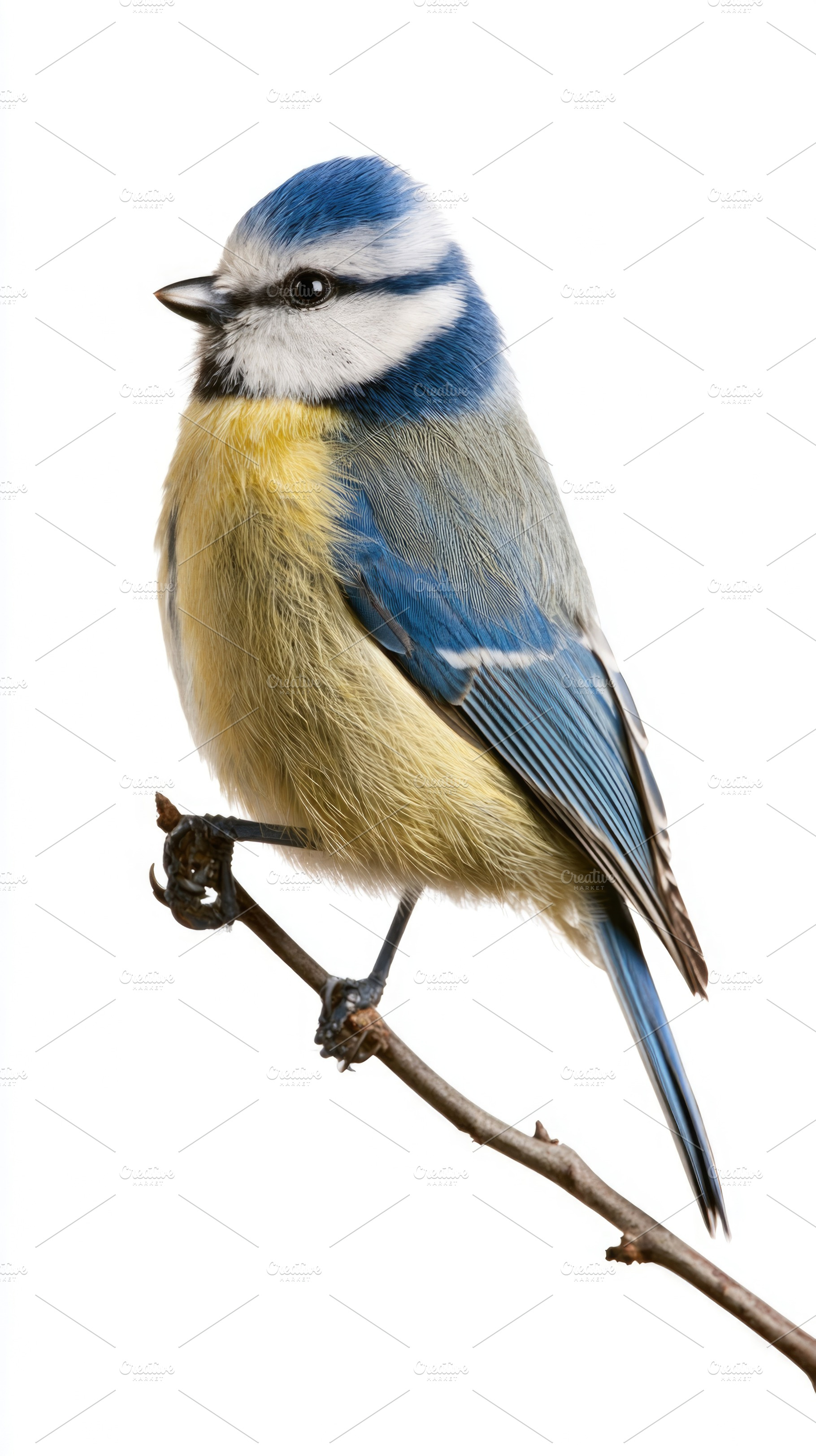 Eurasian blue tit perched on branch isolated on white background, an Animal Photo by José Manuel Gelpi