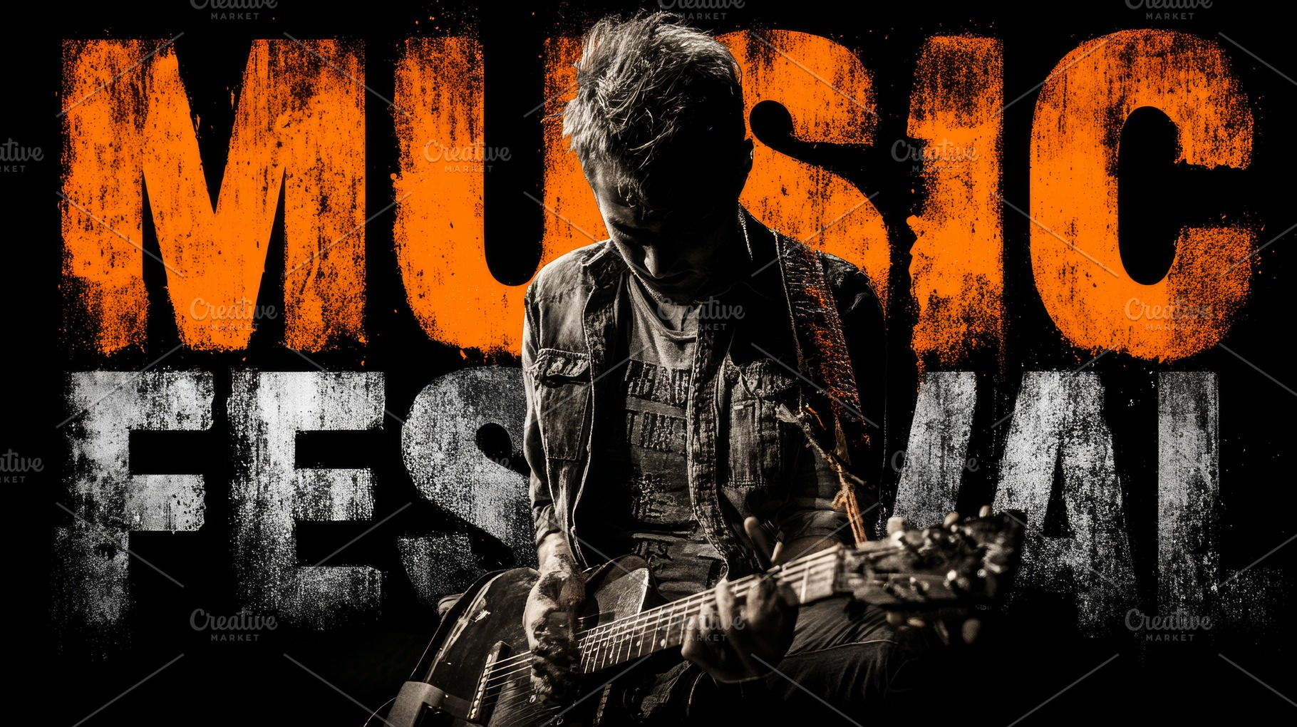 Live music festival guitarist performing electric rock set with dramatic lighti, a Photo by AS photostudio