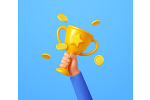 3d Hand hold gold trophy and money, a Finance Illustration by ModVector