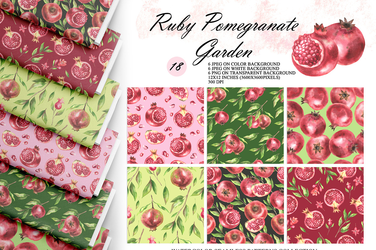 Pomegranate Seamless Patterns, a Food Illustration by OlDm_Shop (Photo 1 of 10)