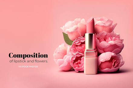 Composition of lipstick and flowers.