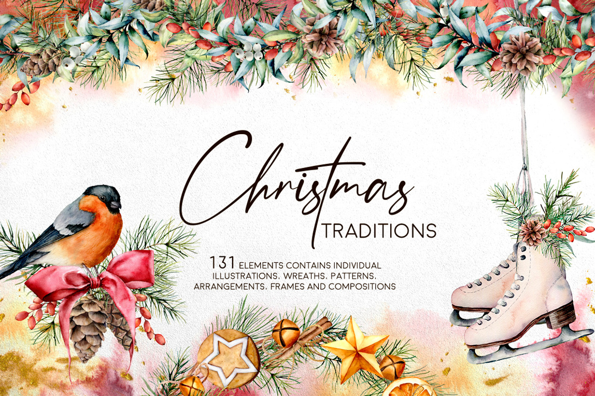 Christmas traditions Watercolor set, a Seasonal Illustration by Yuliya Derbisheva (Photo 1 of 13)