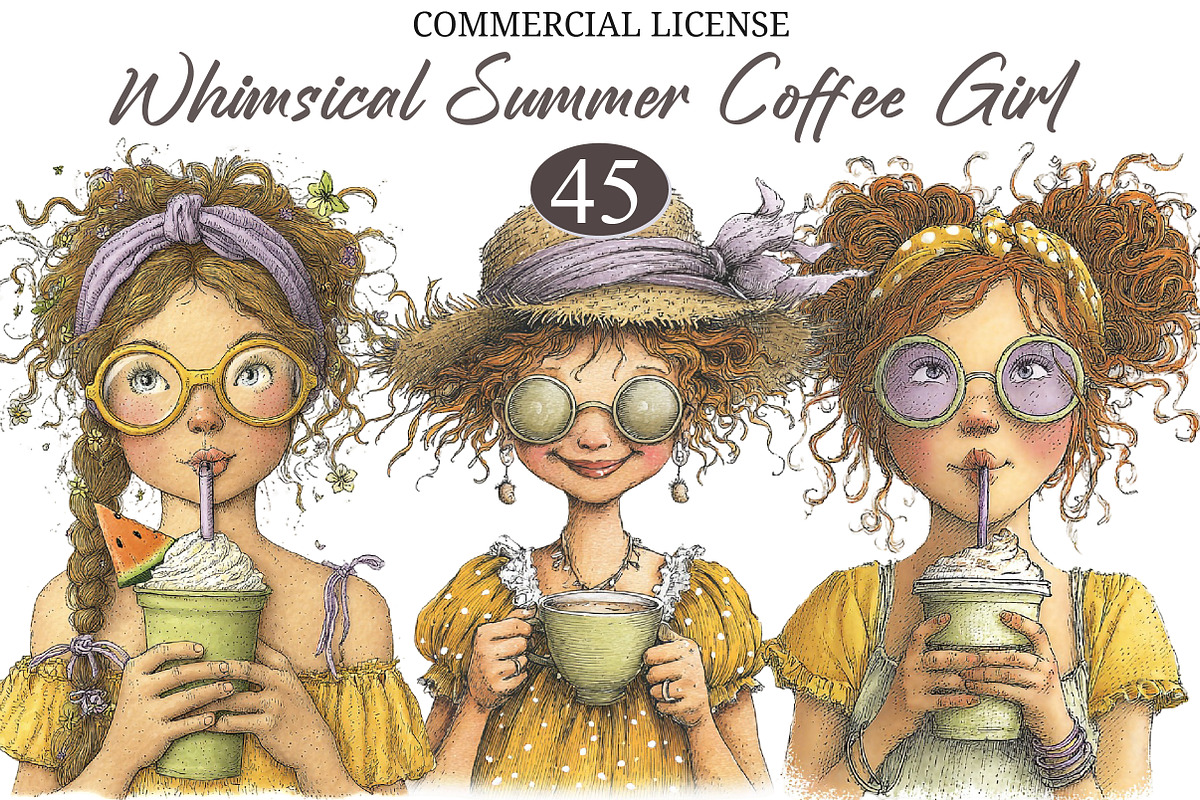 Whimsical Summer Coffee Girl Clipart, a Seasonal Illustration by designcity5 (Photo 1 of 5)