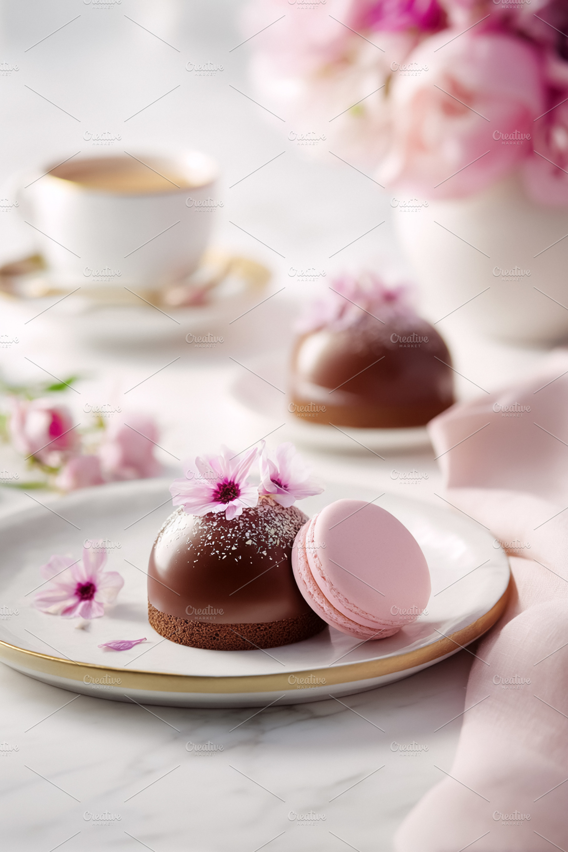 Elegant chocolate dome dessert with pink macaron and spring flow, a Photo by Studio ANNA