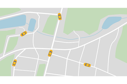 City map with yellow taxi cars
