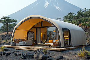 Modern glamping on the background of volcano slope, an Architecture Photo by AlyaAnd