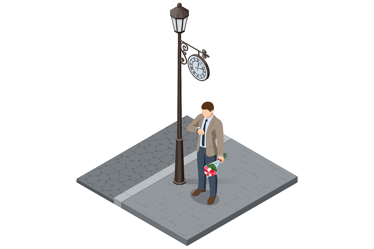 Isometric man waiting with flower, a Person Illustration by Golden Sikorka (Photo 1 of 3)