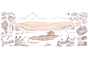 Hand drawn picnic sketch with basket, a Food Illustration by art PVP - market