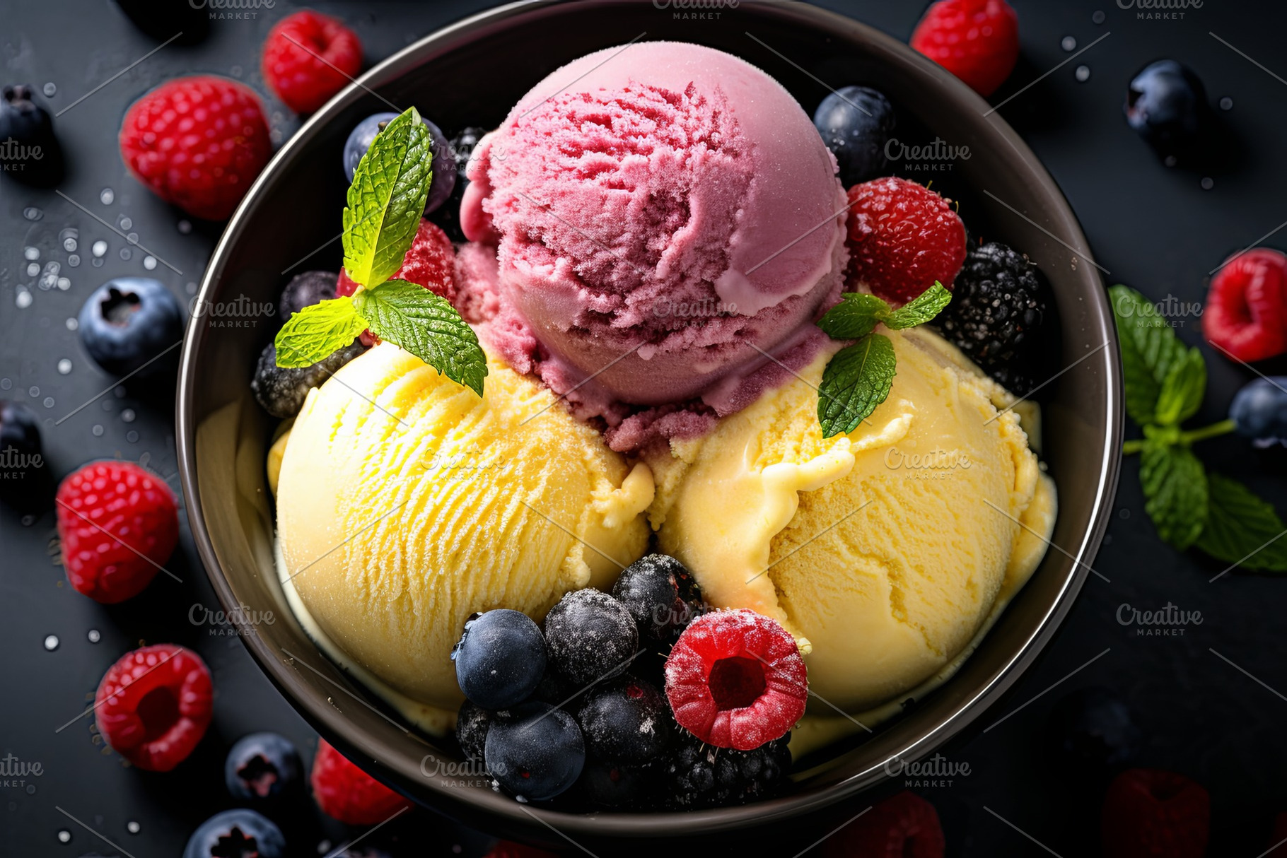 Fresh fruit with scoops of colorful, a Food & Drink Photo by Pixeness Studio