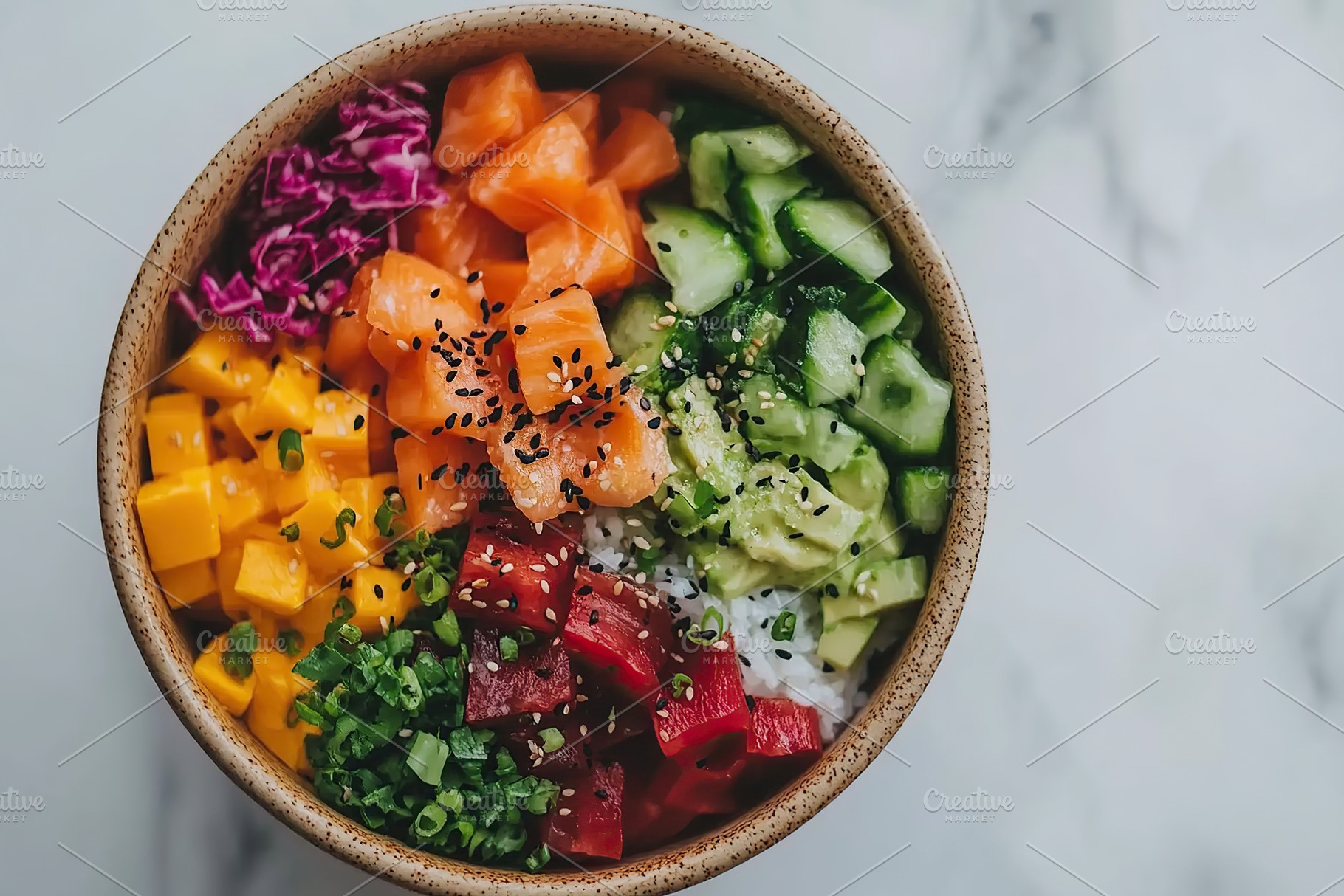 Healthy poke bowl with rice, vegetables, fresh meat or fish, a Food & Drink Photo by AlyaAnd