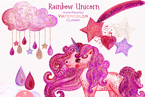 Pink & Gold Rainbow Unicorn Clipart