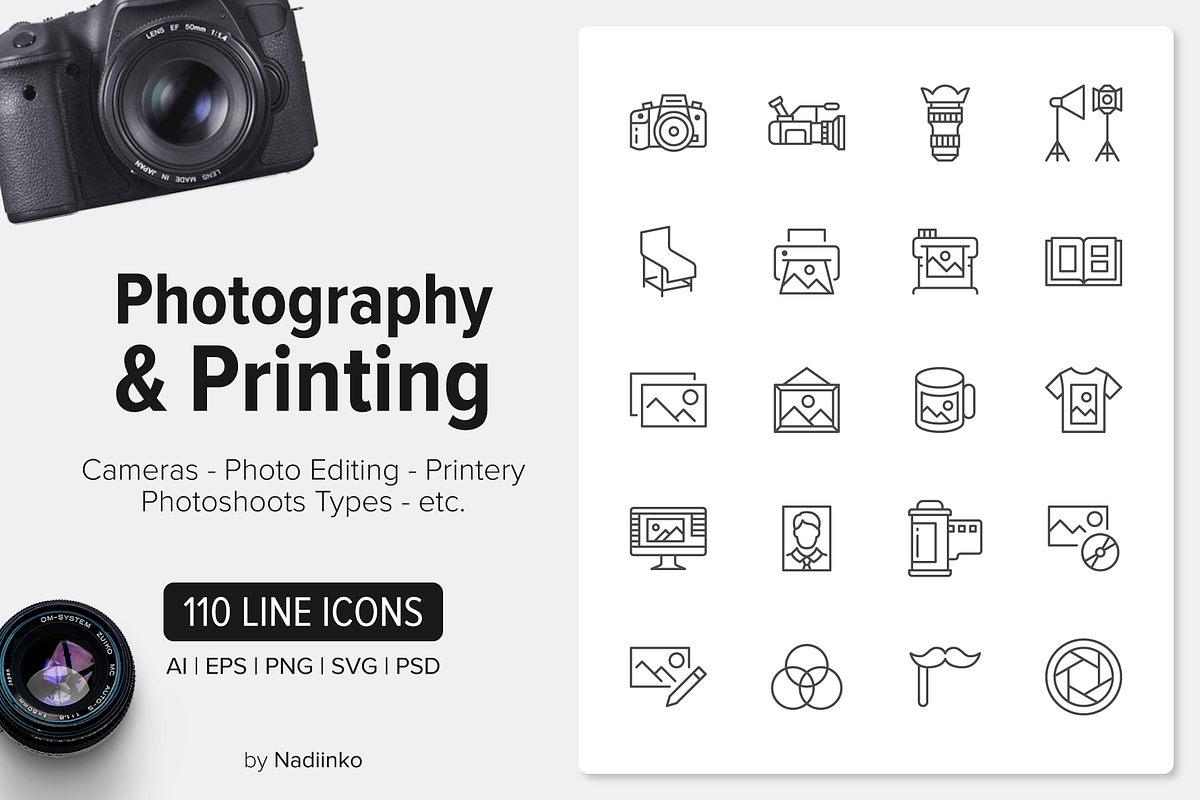 110 Photography Icons, an Outline Icon by Nadiinko (Photo 1 of 5)
