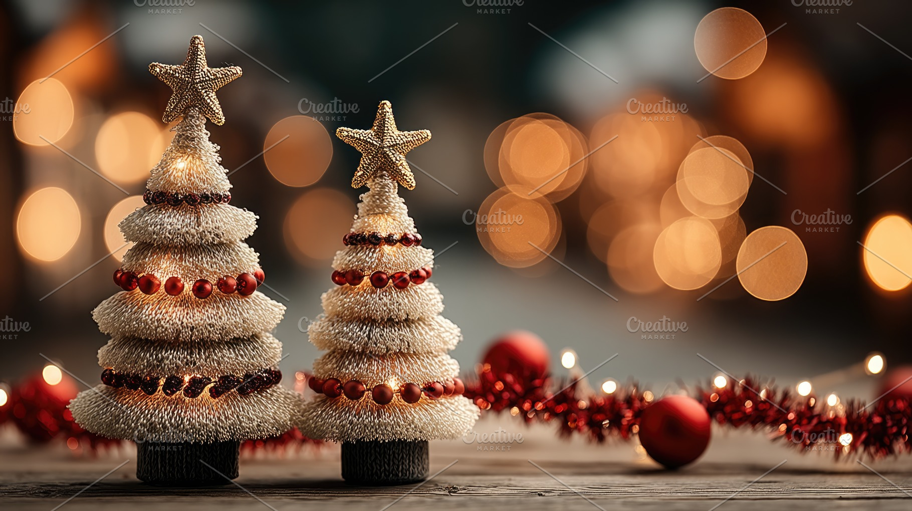 Mini Christmas Trees with Star Toppers, Red Ornaments and Warm B, a Background Photo by José Manuel Gelpi