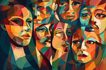 Colorful abstractly painted men's and women's faces. Society con, a Person Illustration by José Manuel Gelpi