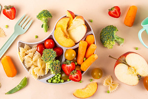Baby finger food, various baby snacks, pasta, vegetables, fruits, a Food & Drink Photo by Rimma