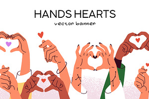Hands showing hearts, charity banner, a Person Illustration by Good Studio