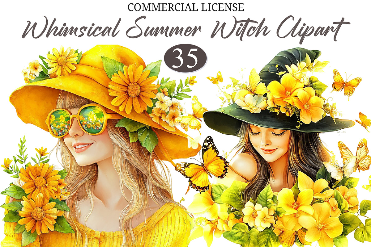 Whimsical Summer Witch Clipart, a Seasonal Illustration by designcity5