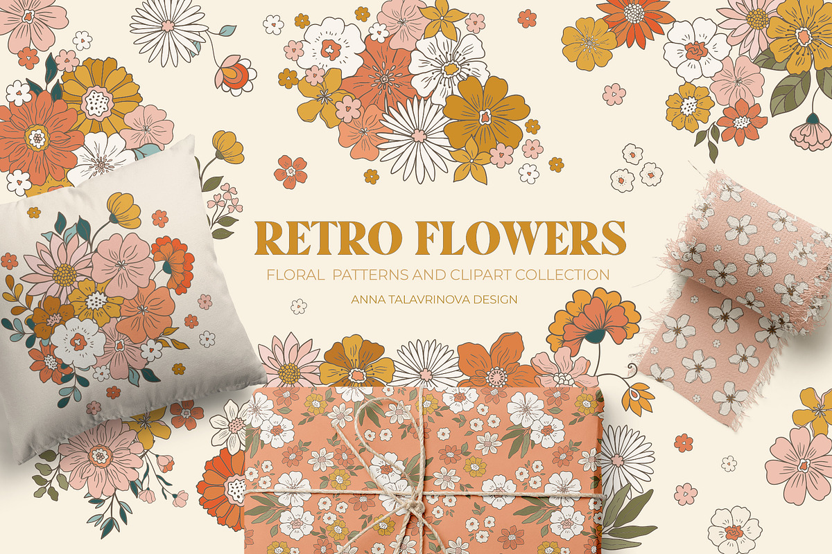 Retro Flowers groovy pattern&clipart, a Background Graphic by Cozy pattern shop (Photo 1 of 10)