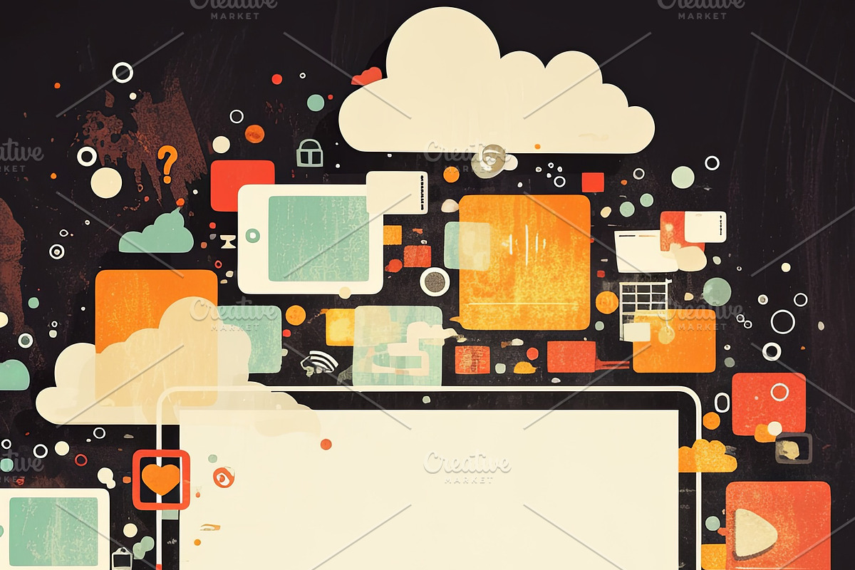 Creative visualization of a laptop surrounded by multimedia and cloud icons, an Illustration by AS photostudio