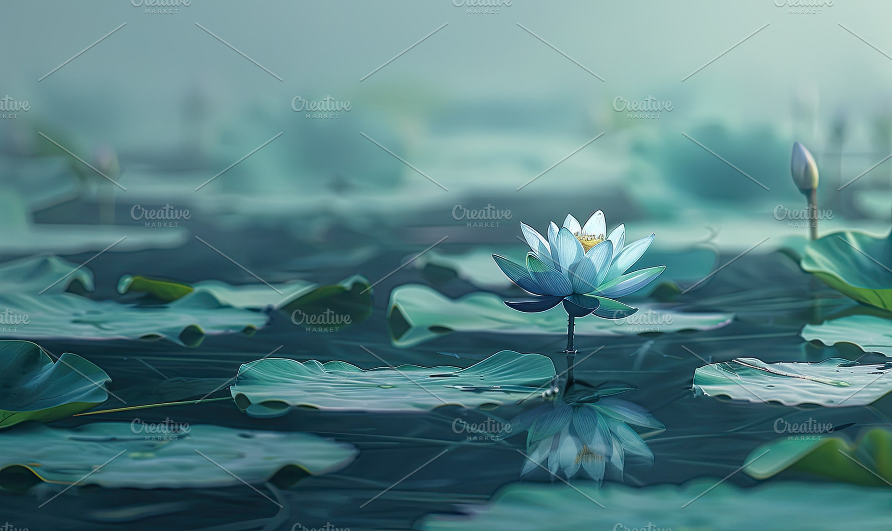 Blue lotus standing tall among soft, a Photo by LOGOCREATIVE