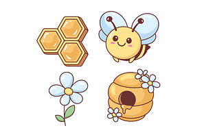 Bee, flower, honeycomb and beehive, an Illustration by Cmeree