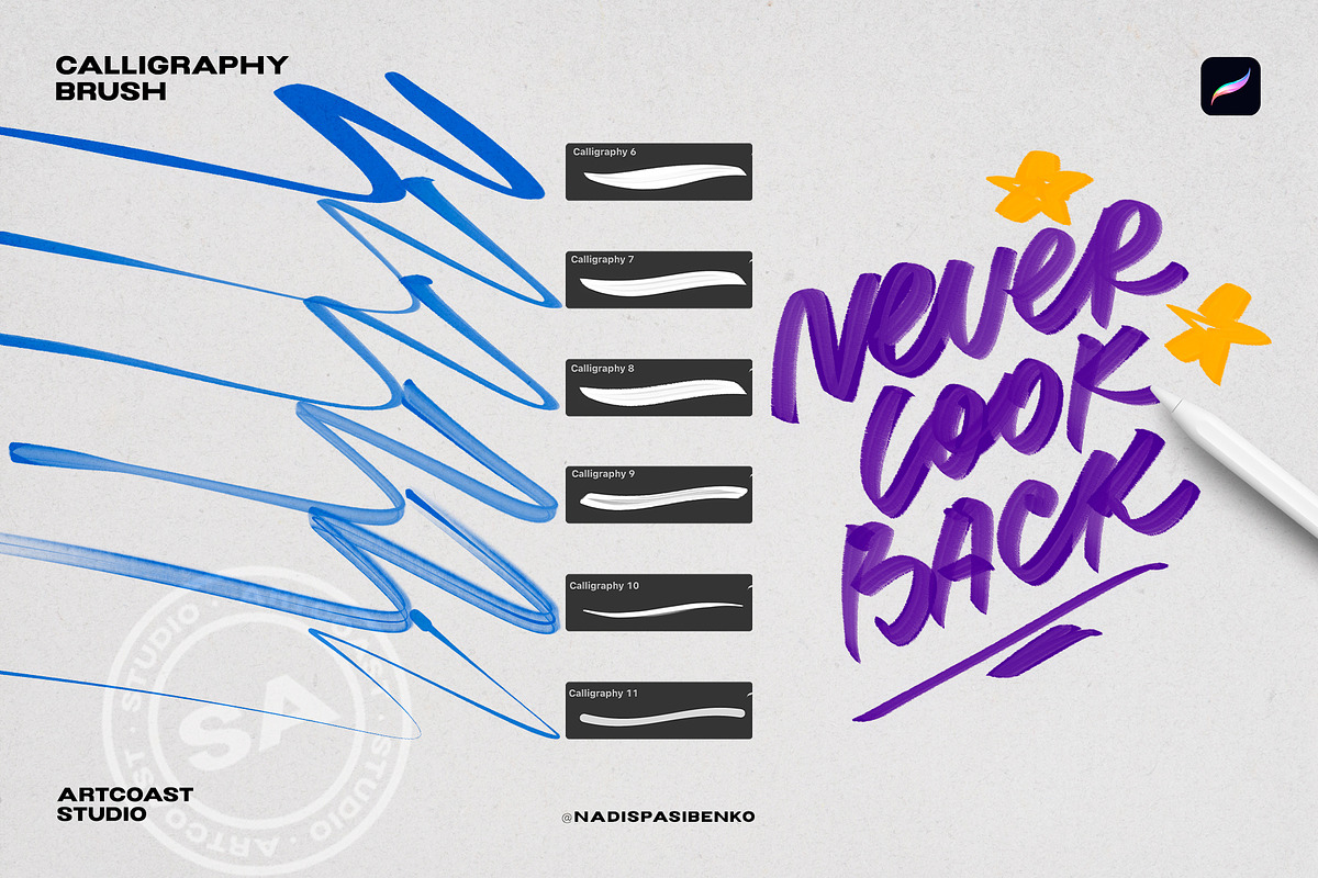 Calligraphy Brushes for Procreate, a Brush Add-On by Spasibenko Art (Photo 5 of 9)