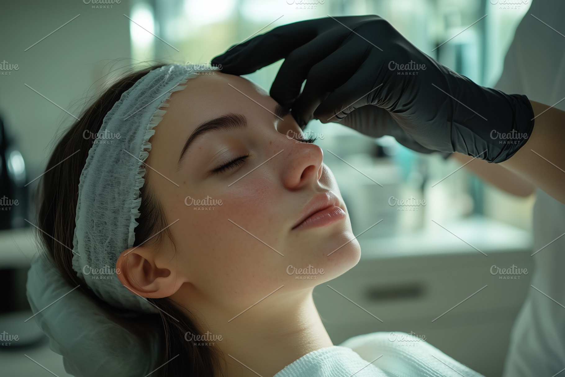 A young woman esthetic technologist receiving a facial treatment in a spa setti, a Person Photo by Textures & Backgrounds
