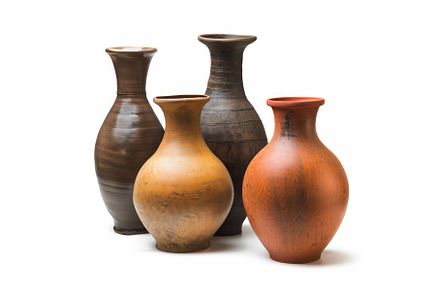 Four clay vases standing on white, an Arts & Entertainment Photo by Ylivdesign