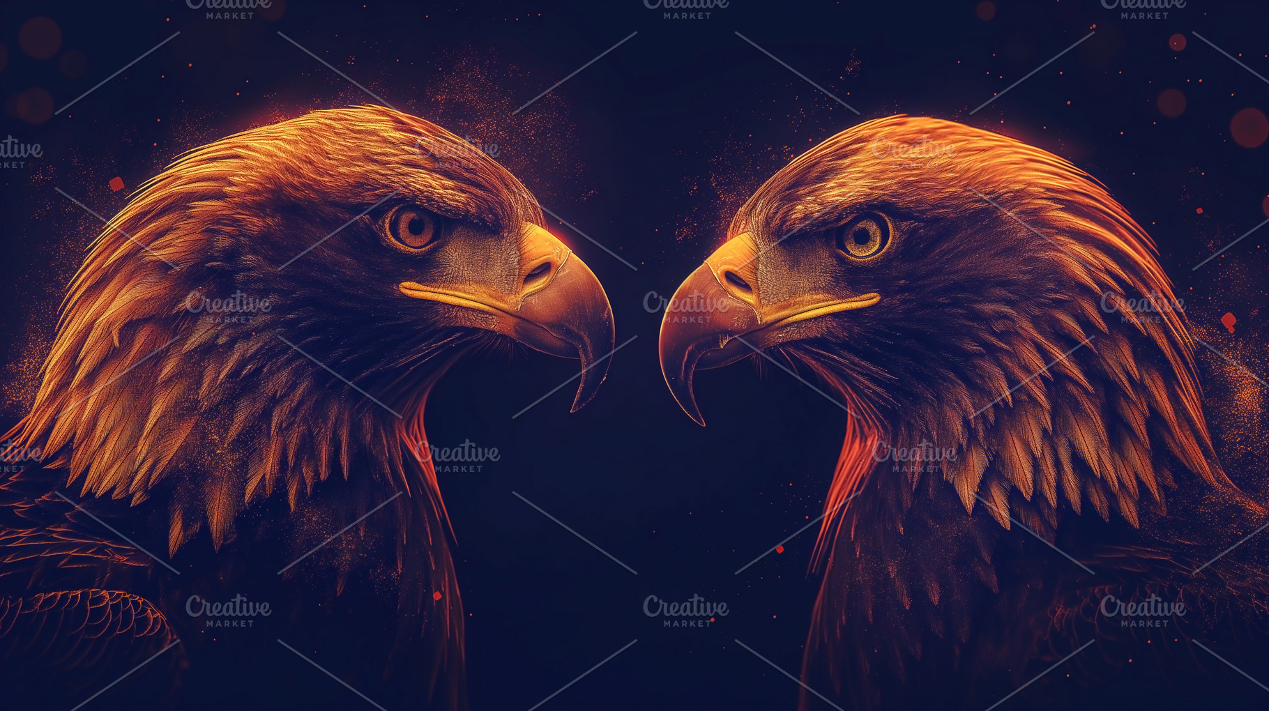 Two majestic golden eagles face each other, their fierce expressions highlighte, an Animal Photo by ImageMir