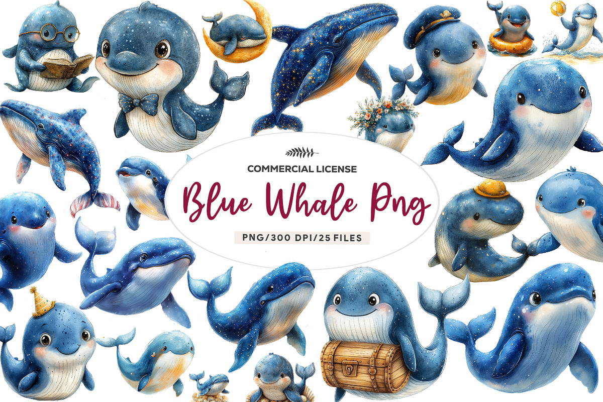 Whale Watercolor Clipart, Blue Whale, an Illustration by CreationArt (Photo 1 of 5)