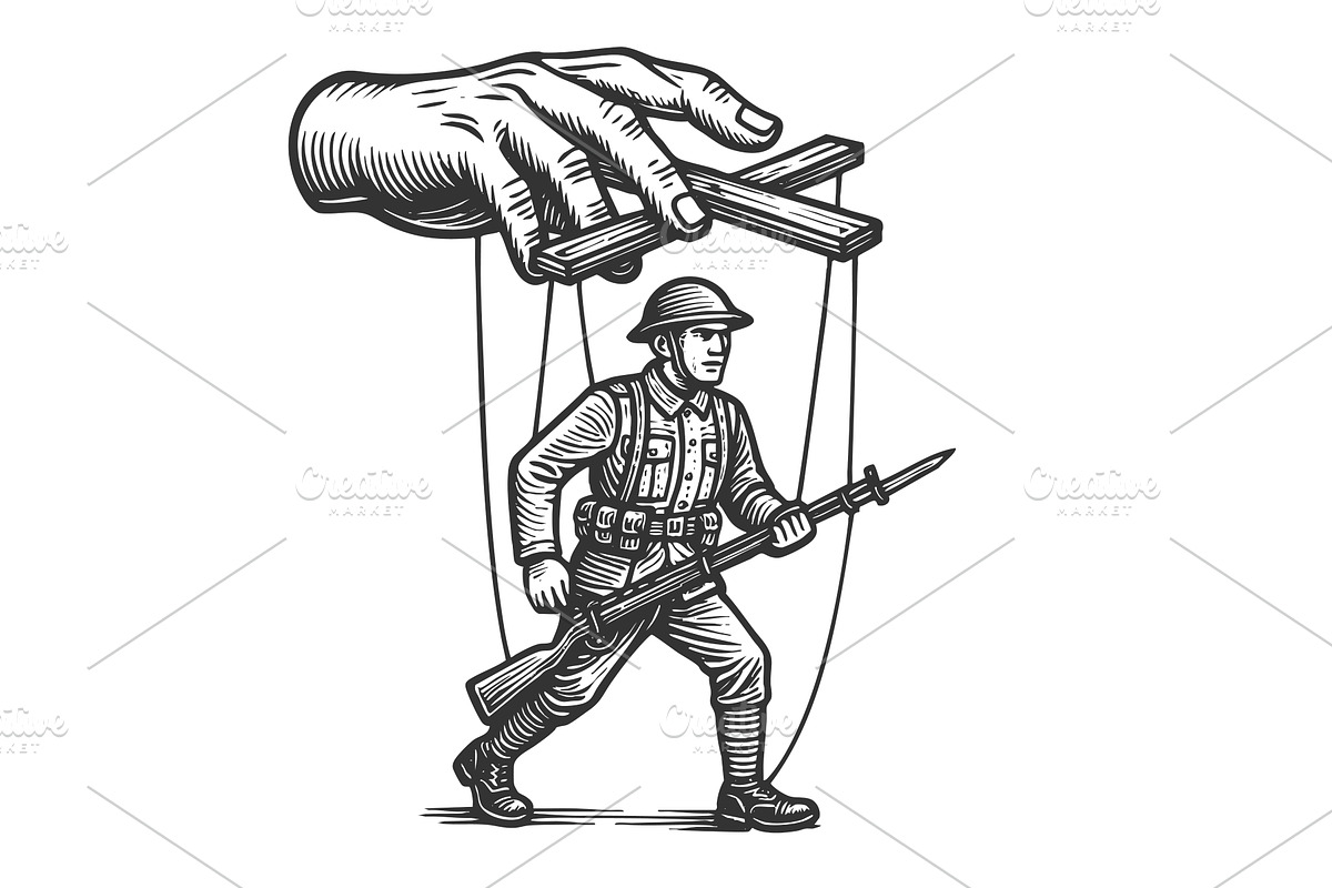 Puppet soldier controlled by hand, an Illustration by AlexArt