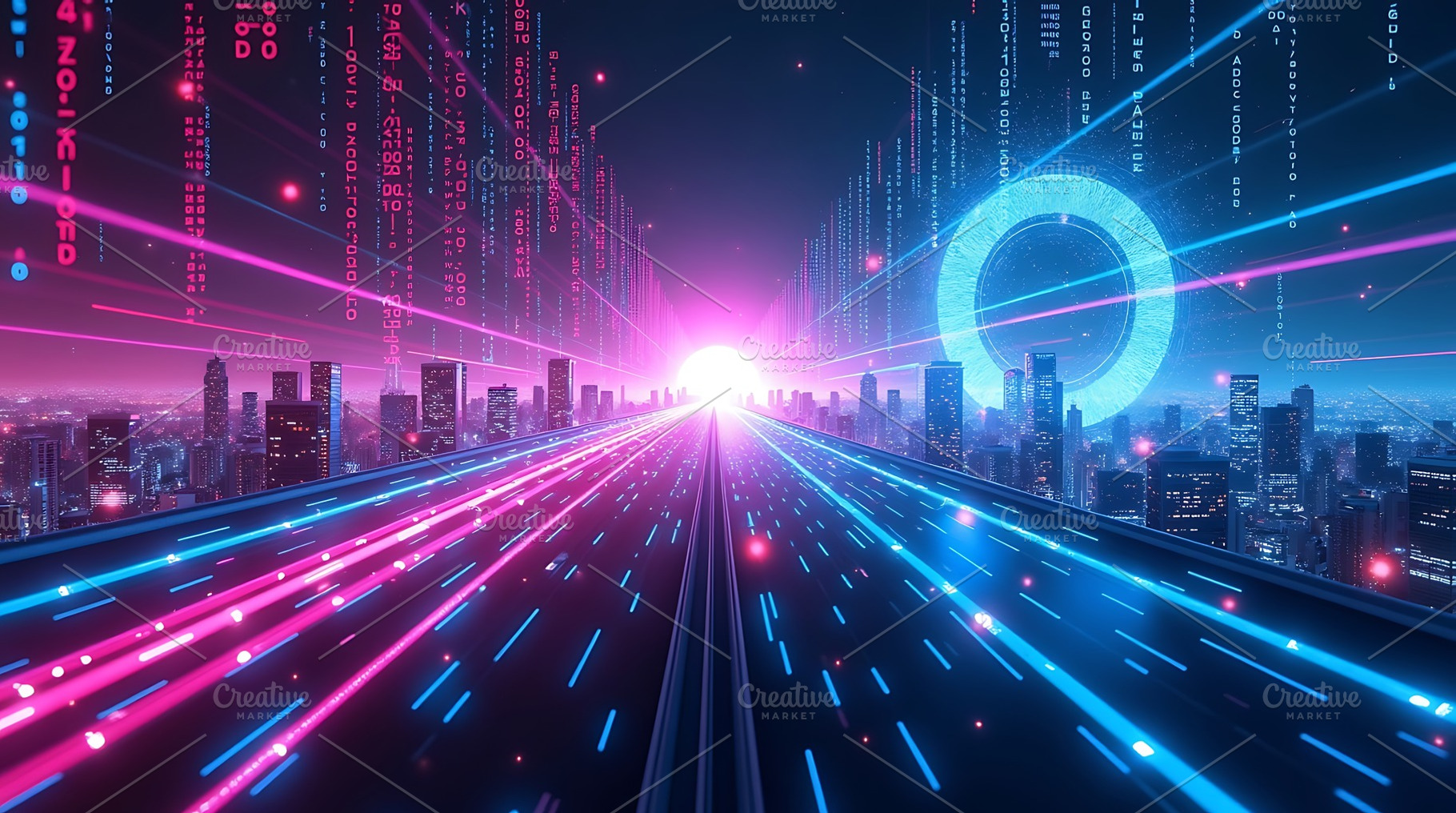 Futuristic city skyline with digital, an Arts & Entertainment Photo by Artonix