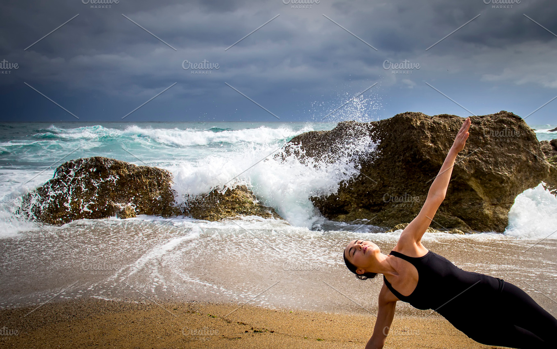 Yoga woman containing adult, alone, and beach, a Person Photo by MarcoGovel