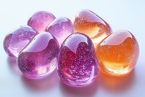Colorful gel-like stones arranged on, a Photo by Tanuart