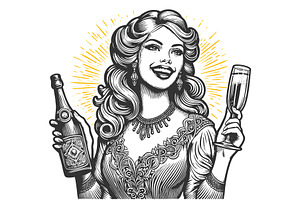 woman celebrating with champagne, a Food Illustration by AlexArt