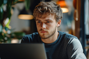 Employee engaged in focused work on laptop in a modern office space, a Person Photo by AlyaAnd