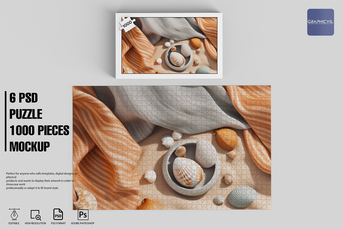 1000 piece Puzzle Jigsaw Mock up, a Merchandise Mockup by GraphicVil (Photo 1 of 9)