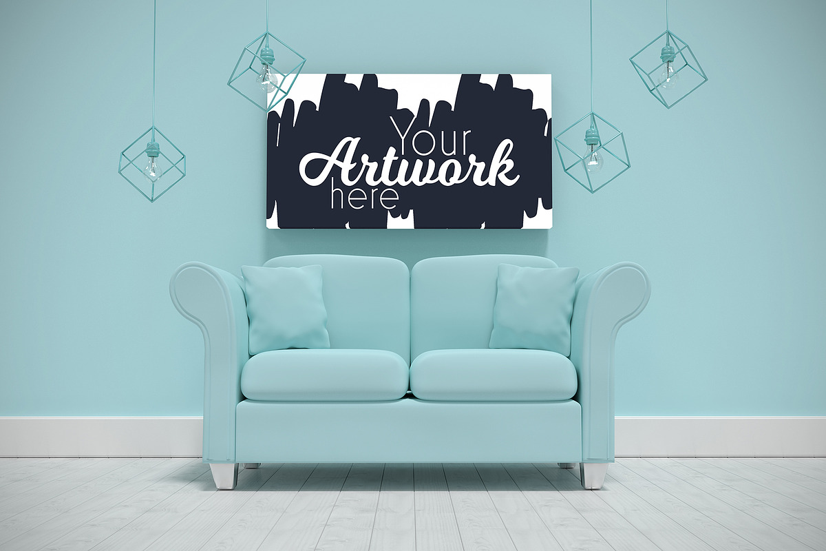 Canvas Hanging Over Sofa Mockup, a Poster Template by wavebreak