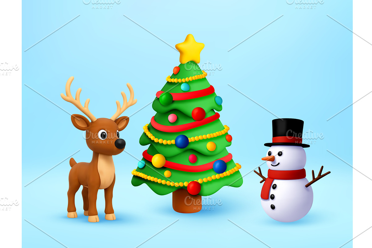 3D Christmas tree, snowman and, an Object Illustration by Abscent