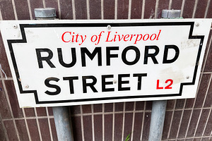 Rumford Street sign in Liverpool UK city center showing street n