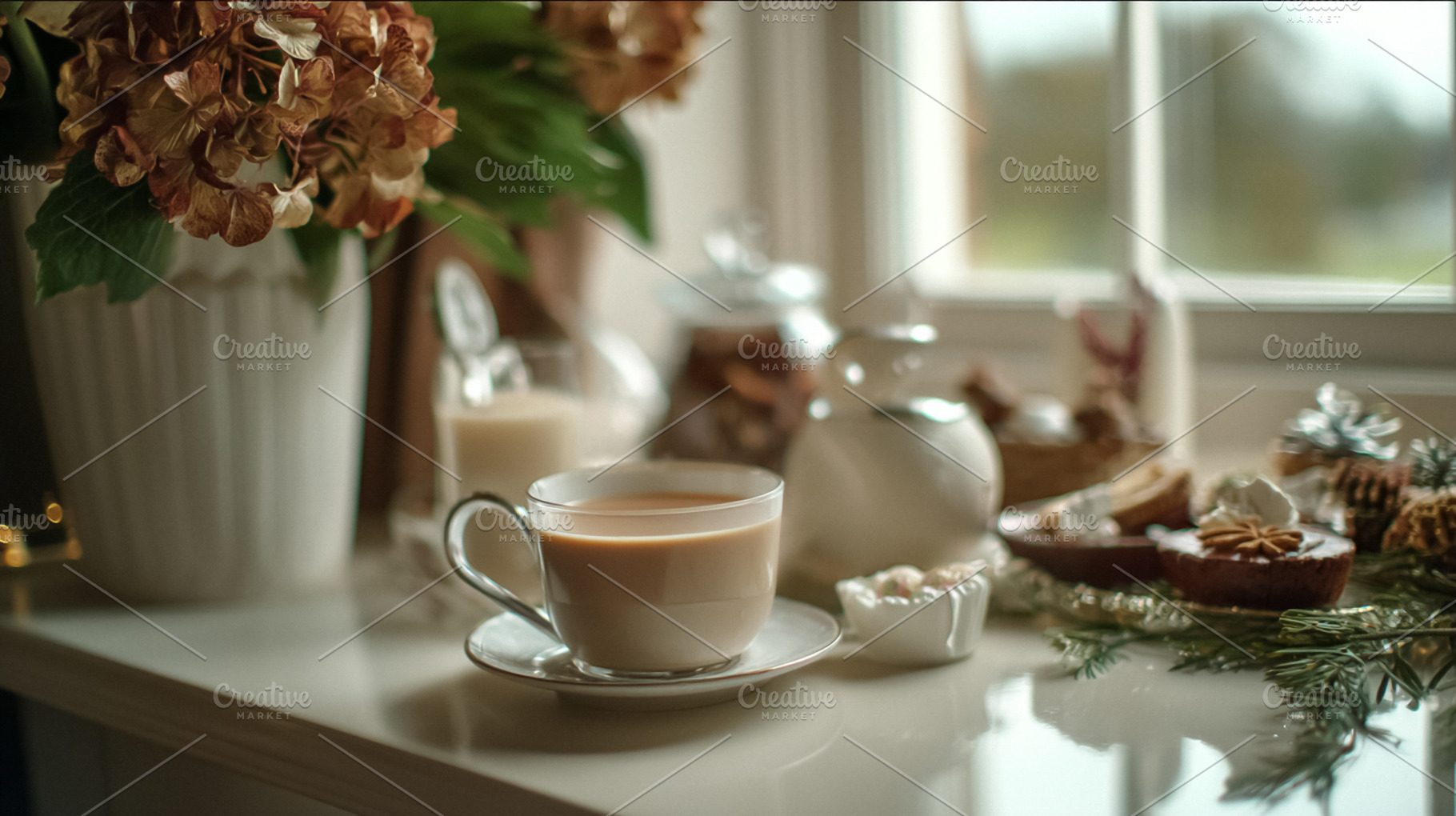 Cozy autumn morning with warm tea and gingerbread muffins, celeb, a Photo by Studio ANNA