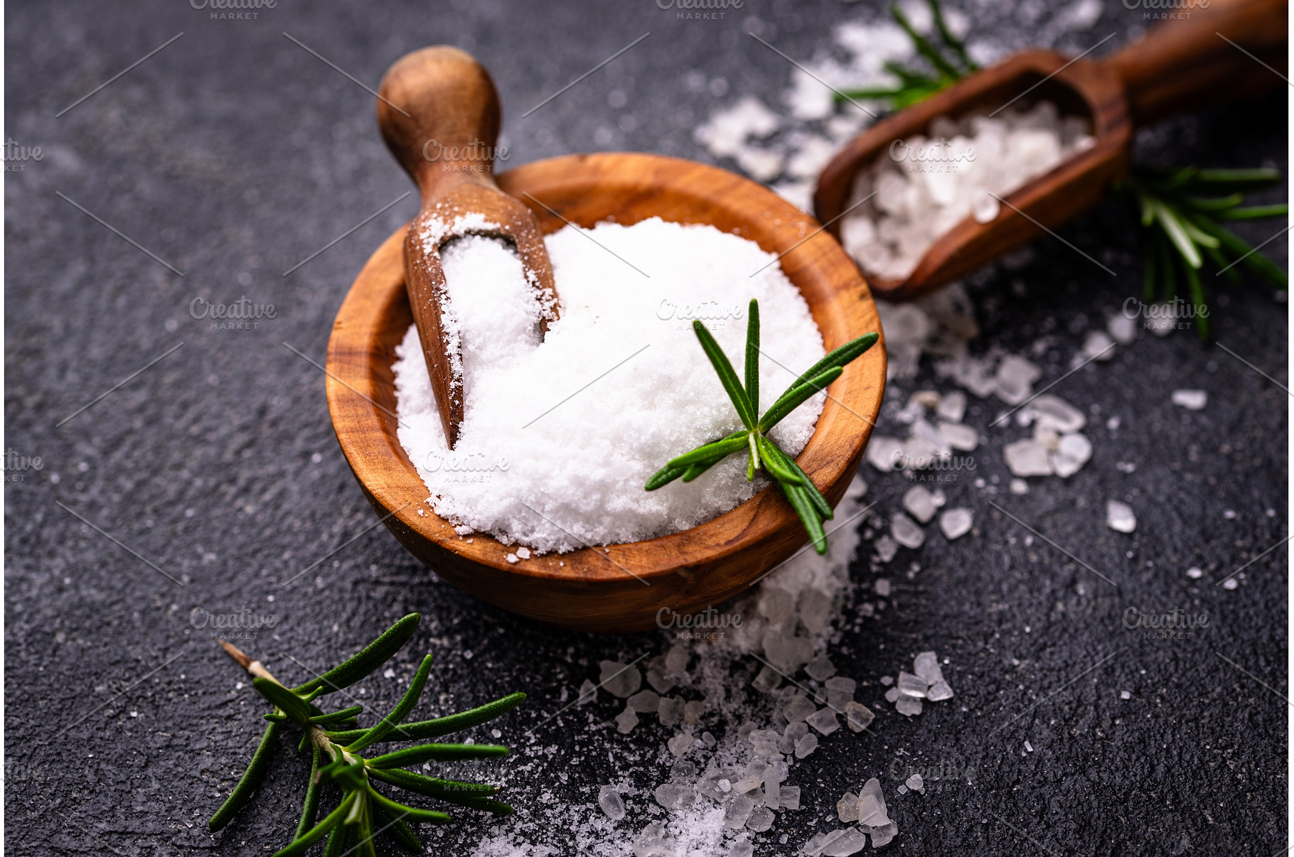 Natural sea salt crystals on dark, a Food & Drink Photo by Yulia Furman