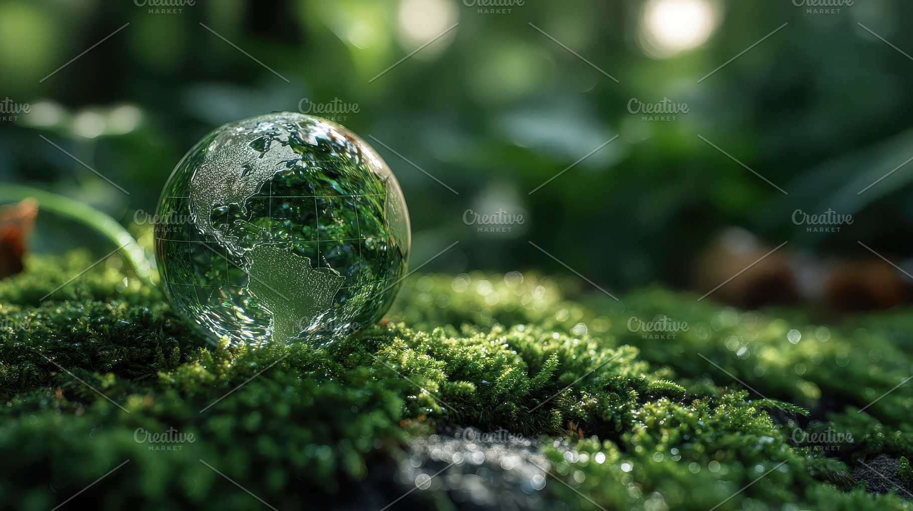 Glass Globe Earth on Lush Green Moss, a Photo by Pixeness Studio