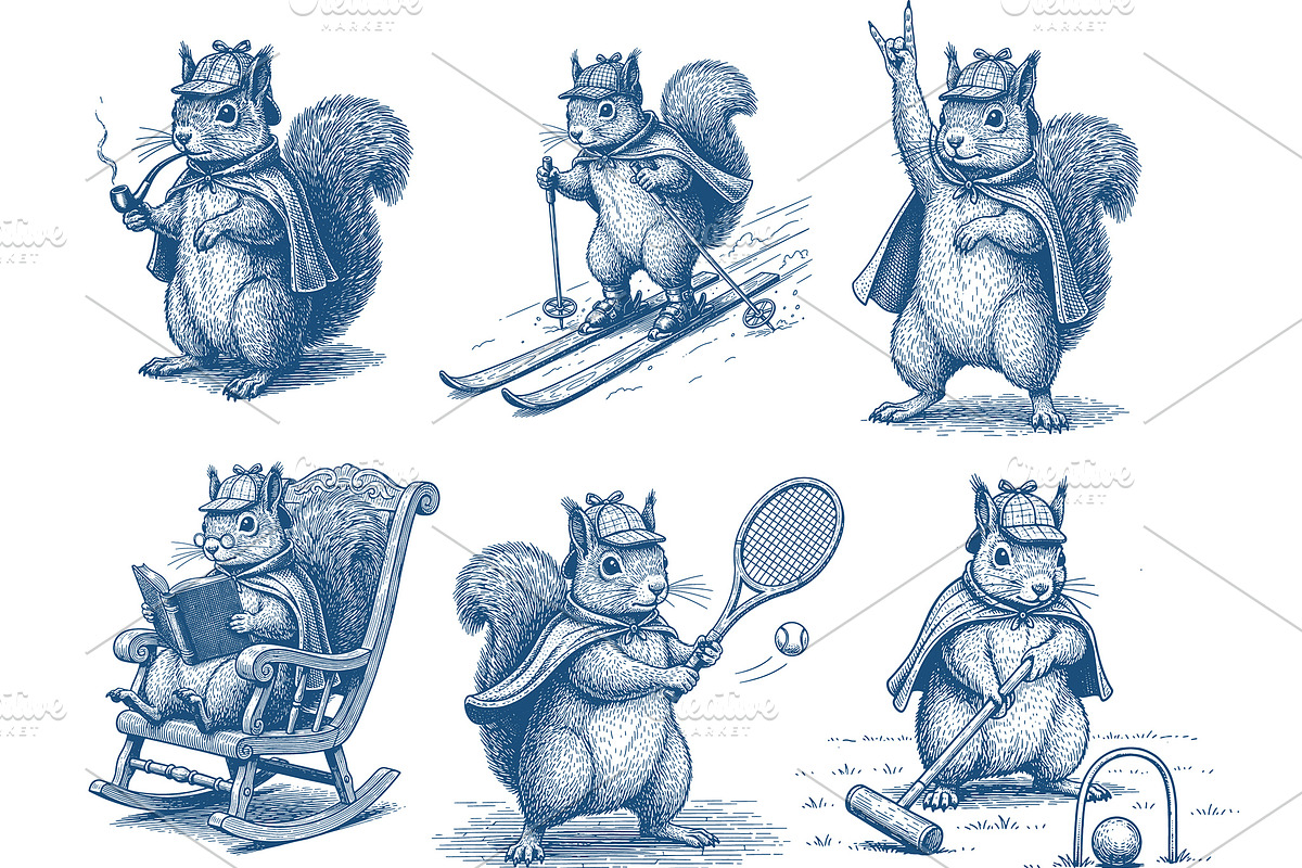 Retro Squirrel Illustrations Set, a Graphic by OneVectorStock (Photo 1 of 4)