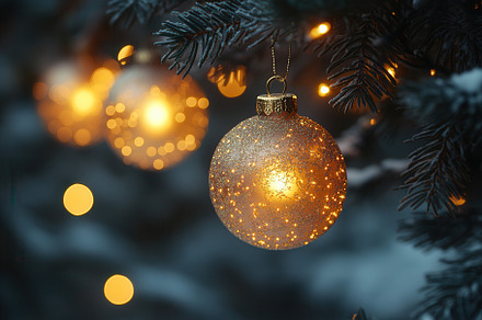 Festive Christmas ornaments glimmer, a Photo by Tanuart