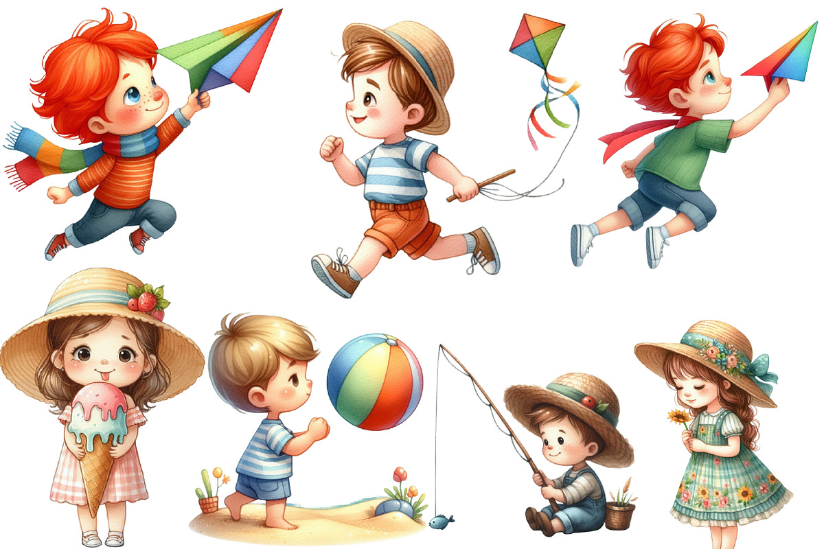 Summer Kids Watercolor Clipart, an Illustration by Designworld (Photo 3 of 4)