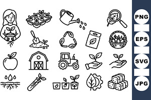 Farm Gardening Line Art Set, an Illustration by designvectx