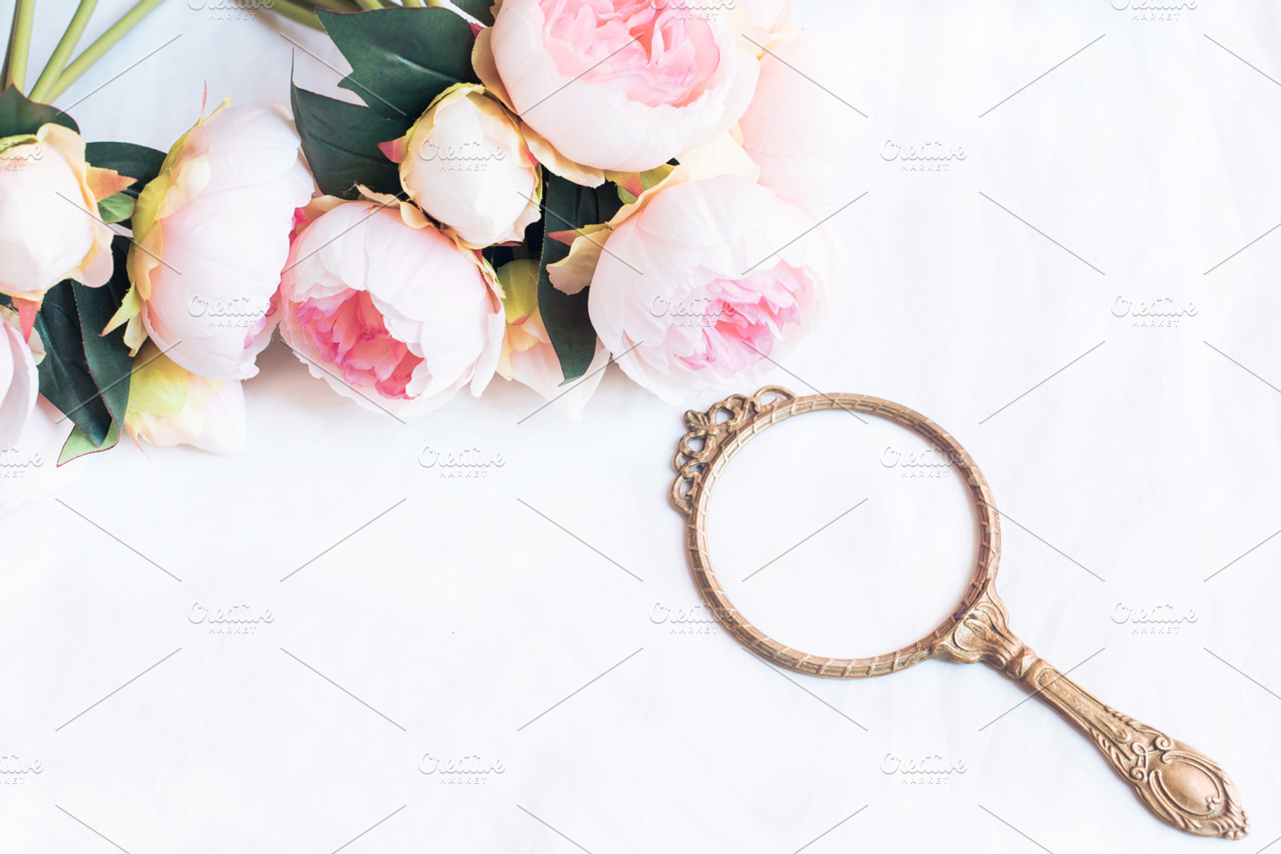 Gold mirror frame blush peonies, a Business Photo by SophieStockBoutique